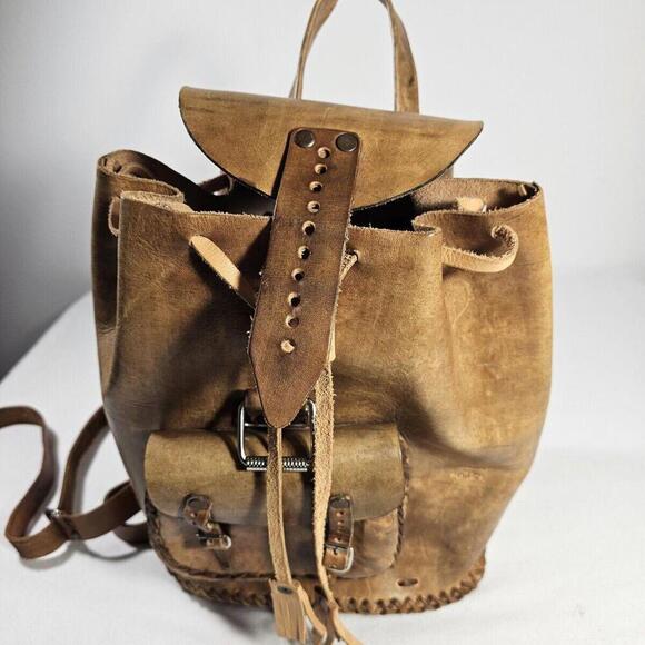 Vintage Handmade In Mexico Sturdy Brown Leather Backpack Cinch & Buckle - Picture 14 of 14